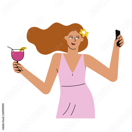 Summer girl cartoony character makes selfiee with cocktail using smartphone.Flat hand-drawn woman is enjoying vacation tasting alcohol drink and streaming online.Happy social media stories concept