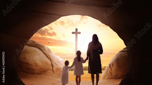 Easter and Good Friday concept, Mom and child standing with empty tomb of Jesus Christ at cross on sunset background, Generative AI