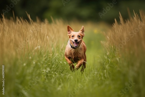 portrait of dog running through field of tall green grass, created with generative ai