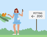 Summer girl cartoony character in petting zoo feeds squirrel with nuts.Flat hand-drawn woman is enjoying communication with animal.Caring about nature concept,cheerful frandly female in good mood.