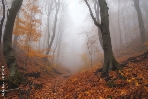 autumn forest with mist and fog, creating a mysterious atmosphere, created with generative ai