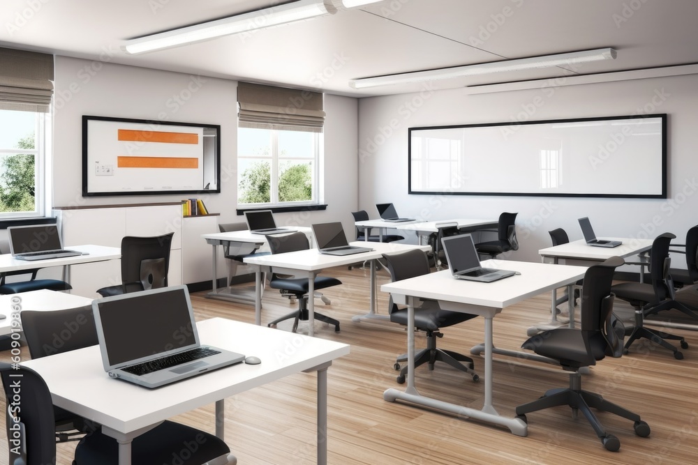 empty classroom setup with modern and sleek furniture, including computer monitors and whiteboards, created with generative ai empty classroom setup with modern and sleek furniture, including computer monitors and whiteboards, created with generative ai