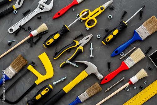 Set collection of DIY hand tools. Constuction background