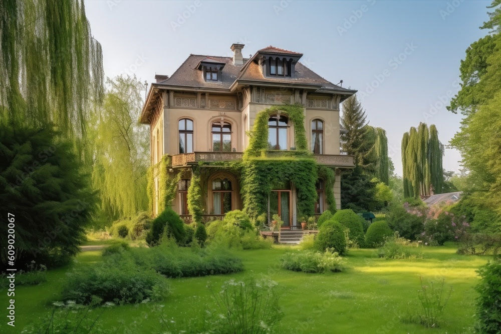 shot of beautiful large house with a garden, created with generative ai