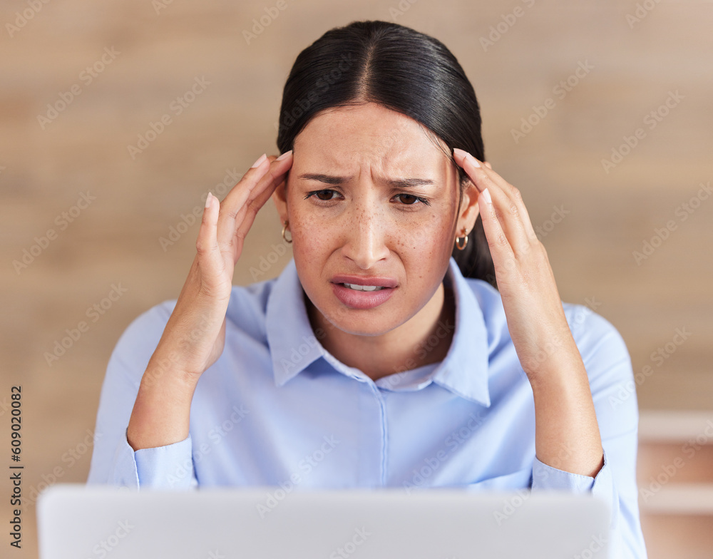 Business woman, headache and laptop in stress, depression or anxiety for fail or mistake at office. Face of frustrated female person or employee on computer in debt, bankruptcy or doubt at workplace Business woman, headache and laptop in stress, depression or anxiety for fail or mistake at office. Face of frustrated female person or employee on computer in debt, bankruptcy or doubt at workplace