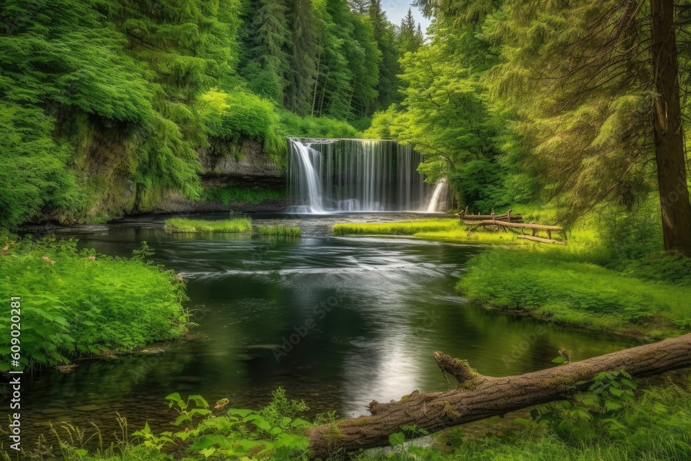 scenic landscape with forest, lake, and waterfall in the background, created with generative ai scenic landscape with forest, lake, and waterfall in the background, created with generative ai