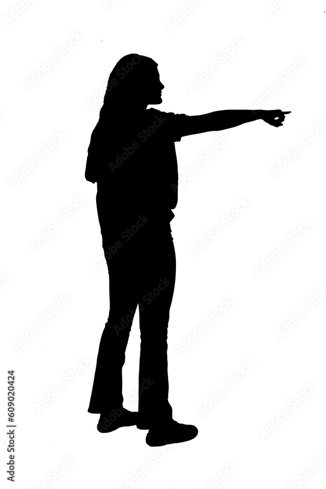 silhouette of young girl pointing on white background