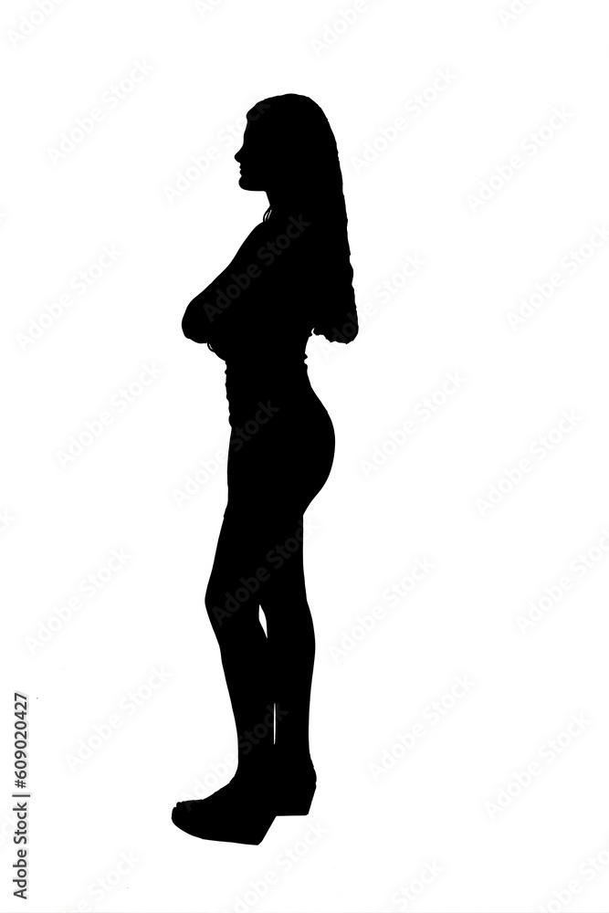 side view silhouette of young woman standing and arms crossed  in short dress on white background