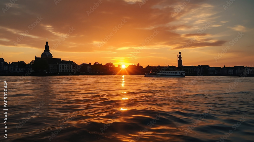 the River on the city of Dordrecht by sunset, illustration, Generative AI