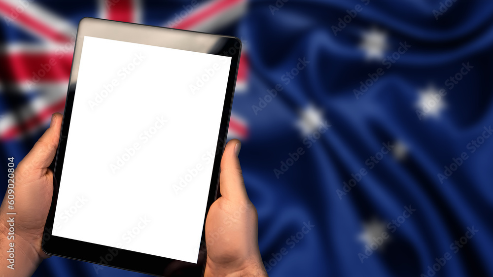 Man hold tablet phone pc gadget with white blank screen, copy space for text, image or message. Flag of Australia country on background. Technology, information, business
Man hold tablet phone pc gadget with white blank screen, copy space for text, image or message. Flag of Australia country on background. Technology, information, business