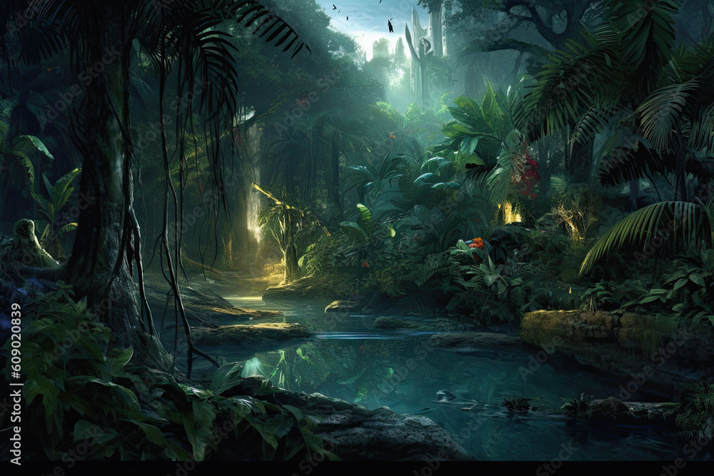a mysterious jungle during the night, ai generative