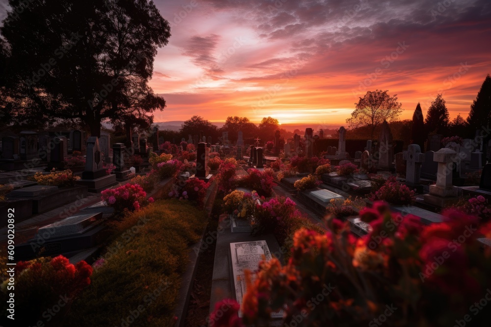 cementary with sunset, sky filled with pinks and oranges, created with generative ai