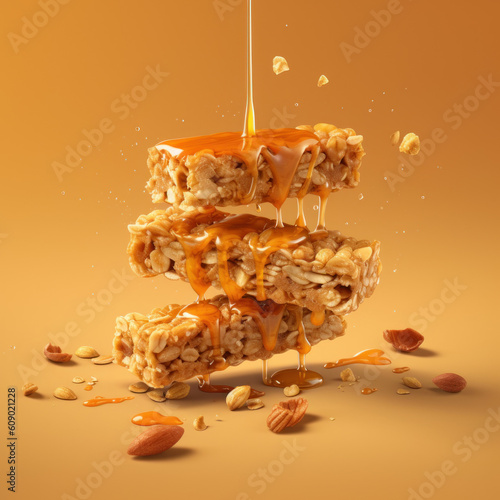 Cereal bars. Honey pouring on the top of bar (ID: 609021228)