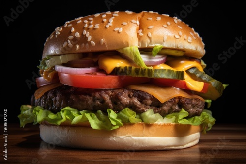 classic burger, topped with classic combination of lettuce, tomato, and pickles, created with generative ai