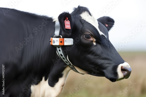 Cow Monitoring System and tools. Movement detectors collar on cows neck. GPS collars for livestock monitoring. Collar-Based Sensor for Monitoring Dairy Cows. AI generative photo
