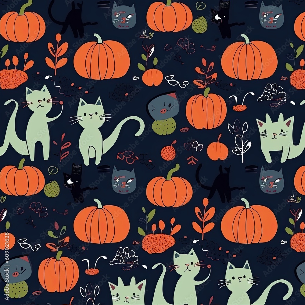 Beautiful illustration to use as a background with a Halloween pattern featuring black cats and orange pumpkins on a black background. Generative AI Beautiful illustration to use as a background with a Halloween pattern featuring black cats and orange pumpkins on a black background. Generative AI