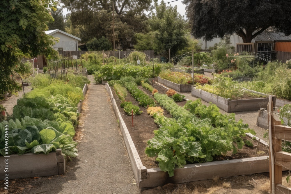 community garden with a variety of fruits and vegetables growing in neat rows, created with generative ai community garden with a variety of fruits and vegetables growing in neat rows, created with generative ai