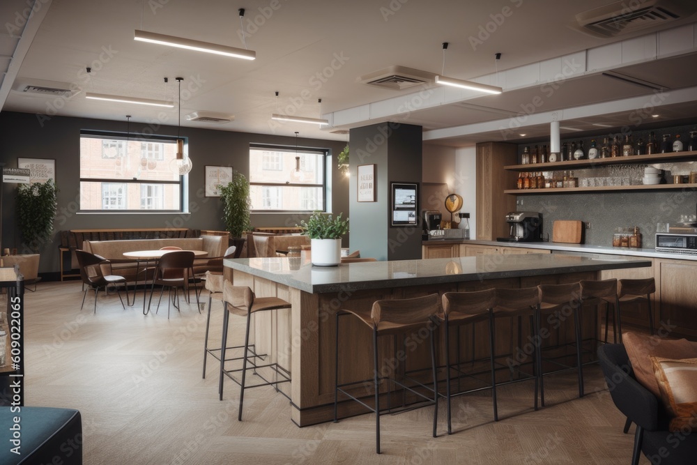 co-working space with communal kitchen and lounge area, perfect for collaboration, created with generative ai co-working space with communal kitchen and lounge area, perfect for collaboration, created with generative ai