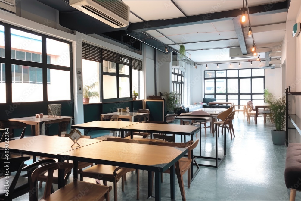 co-working space in urban setting, surrounded by cafes and restaurants, created with generative ai co-working space in urban setting, surrounded by cafes and restaurants, created with generative ai