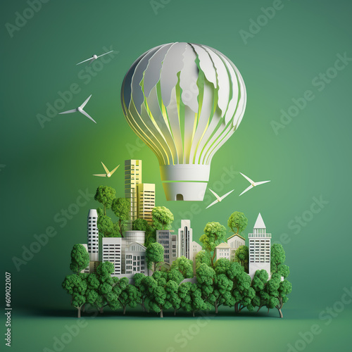 Paper_cut_of_light_bulb_with_green_eco_city__Renewable, generative AI