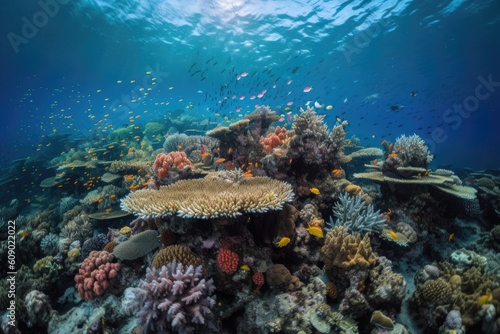 coral reef with schools of colorful fish swimming among the corals, created with generative ai