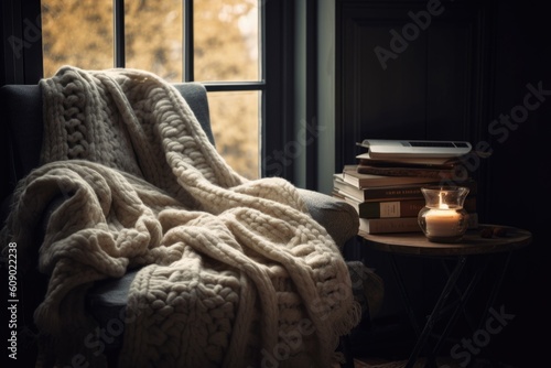 cozy reading nook with throw blanket and mug of hot chocolate, created with generative ai