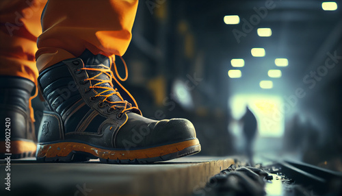 Protective worker boots on the background of production. Work clothes. Generative AI