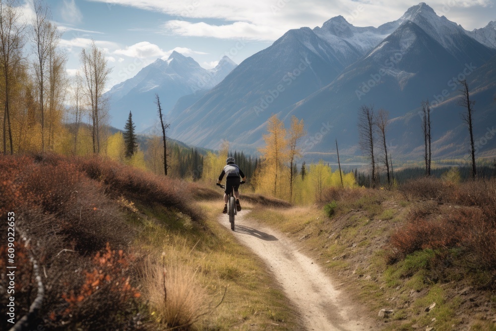 person, riding their mountain bike down winding dirt path, with majestic mountains in the background, created with generative ai