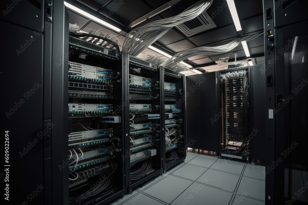close-up of server room with rack after network equipment and cables, created with generative ai close-up of server room with rack after network equipment and cables, created with generative ai
