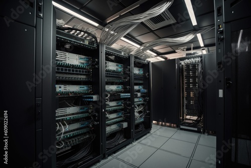 close-up of server room with rack after network equipment and cables, created with generative ai