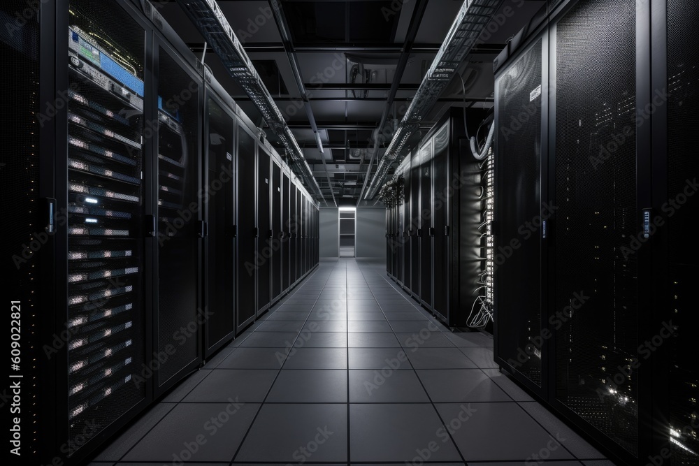 data center, with view of racks of servers and networking equipment, created with generative ai