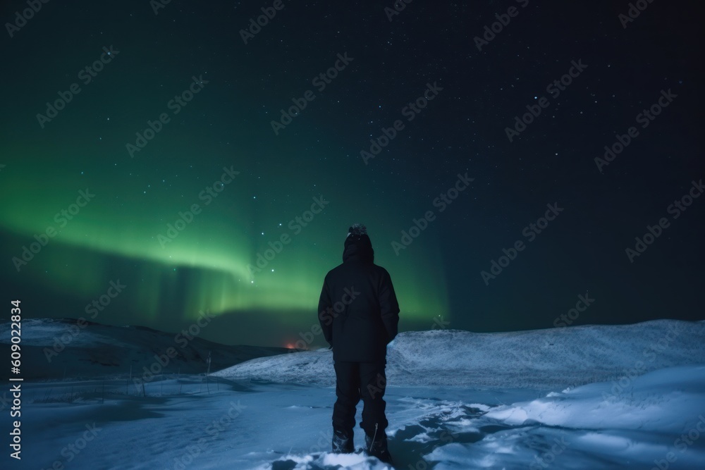 Man stands in a snow-covered field and looking at northern lights, aurora borealis on the sky. Generative AI