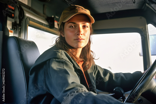 Candid shot of a confident female delivery truck driver seated at the helm, an embodiment of the integral role women play in the logistics industry, generative ai photo