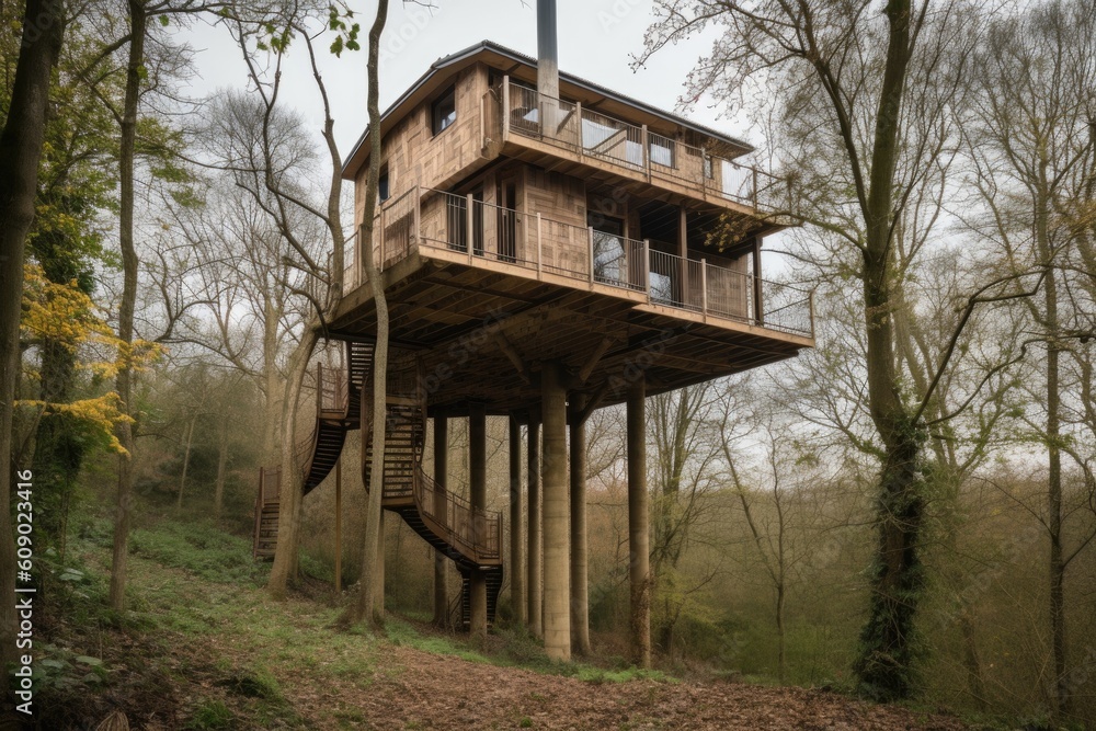 treehouse retreat, with views of the natural landscape and wildlife, created with generative ai treehouse retreat, with views of the natural landscape and wildlife, created with generative ai