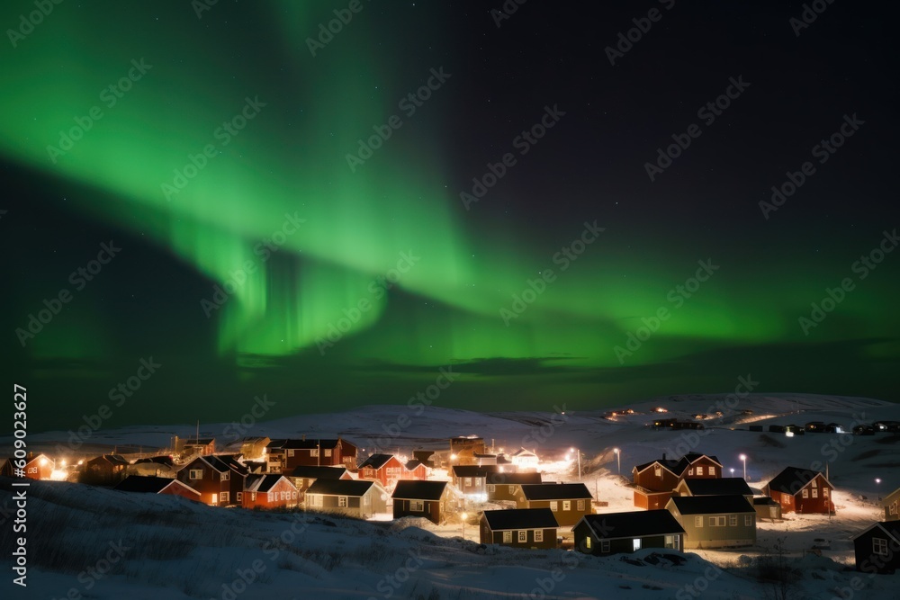 Aurora borealis, northern lights above small town. Generative AI