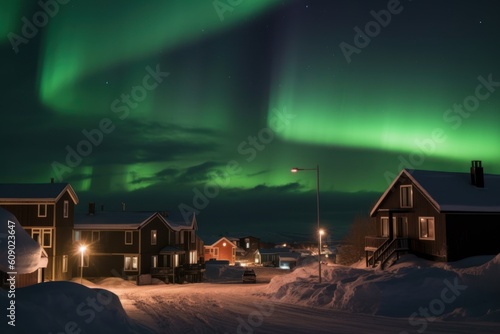 Northern lights, aurora in the sky above suburb. Generative AI