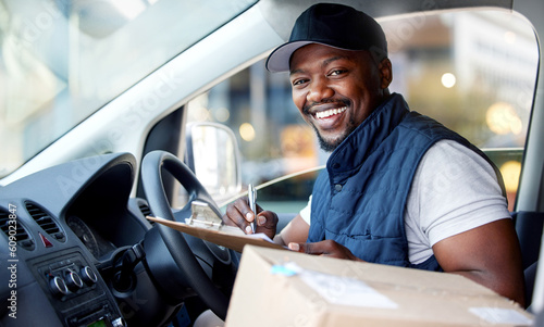 Delivery man, transport and portrait of a man writing with a smile in window for shipping or courier service. Happy black person or driver with cardboard package to sign paper in van or cargo vehicle