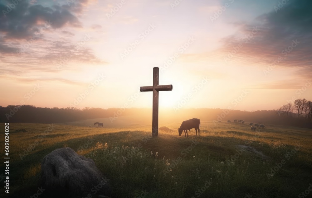 Easter concept: Christ Jesus concept: cross in the morning at sunrise, Generative AI Easter concept: Christ Jesus concept: cross in the morning at sunrise, Generative AI