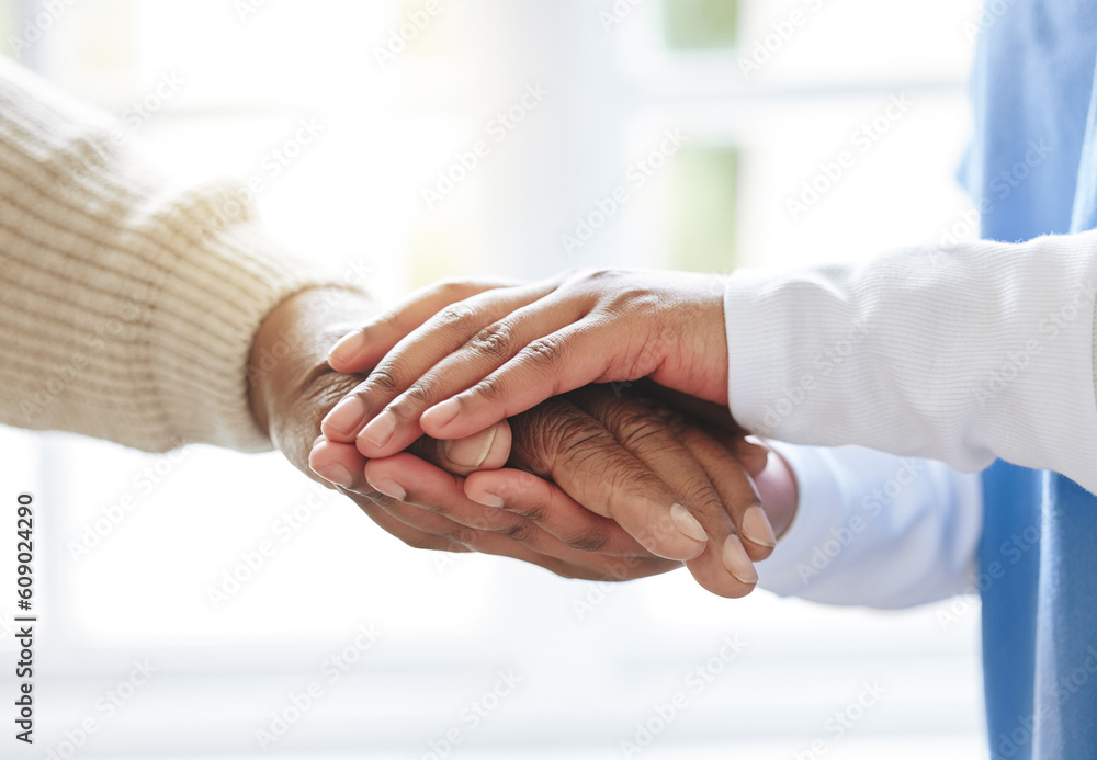 Holding hands, senior patient and nurse for support, healthcare or empathy at nursing home. Elderly person and caregiver together for trust, homecare and counseling or help for health in retirement - obrazy, fototapety, plakaty 