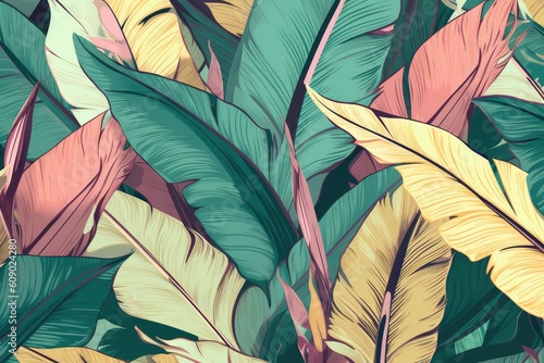 Tropical palm and banana leaves in pastel colors  abstract summer background. Generative AI