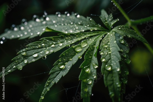 close-up of medical marijuana plant, with droplets of water visible on the leaves, created with generative ai