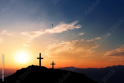 Christ Jesus birth and resurrection concept :Silhouette cross on Calvary mountain sunset background, Generative AI