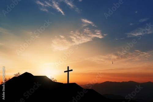 Christ Jesus birth and resurrection concept :Silhouette cross on Calvary mountain sunset background, Generative AI