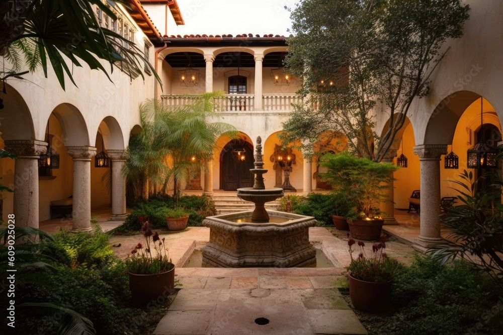 serene courtyard surrounded by mediterranean-style villa with hanging lanterns and fountains, created with generative ai