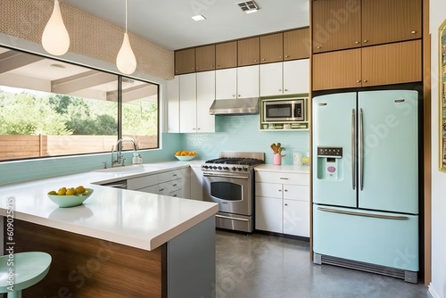 mid-century modern kitchen, with sleek countertops and retro appliances, created with generative ai
