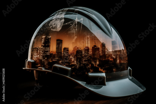Helmet and city, concept of construction, ai generated