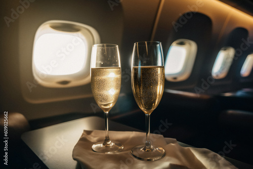 glasses of champagne on a table, in an airplane, ai generated