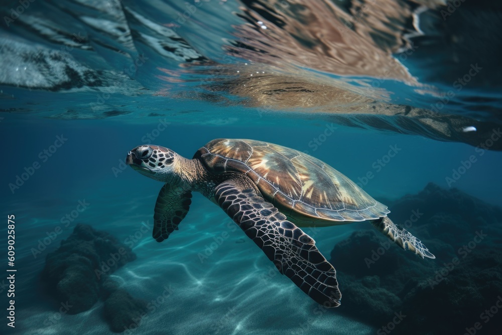sea turtle swimming in crystal-clear ocean, its flippers moving it through the water, created with generative ai