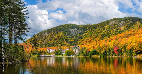 Dixville Notch State Park in Autumn - New Hampshire - view towards The Balsams reflected in Lake Gloriette