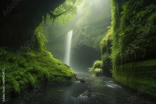 luminous waterfall, surrounded by mist and greenery, created with generative ai